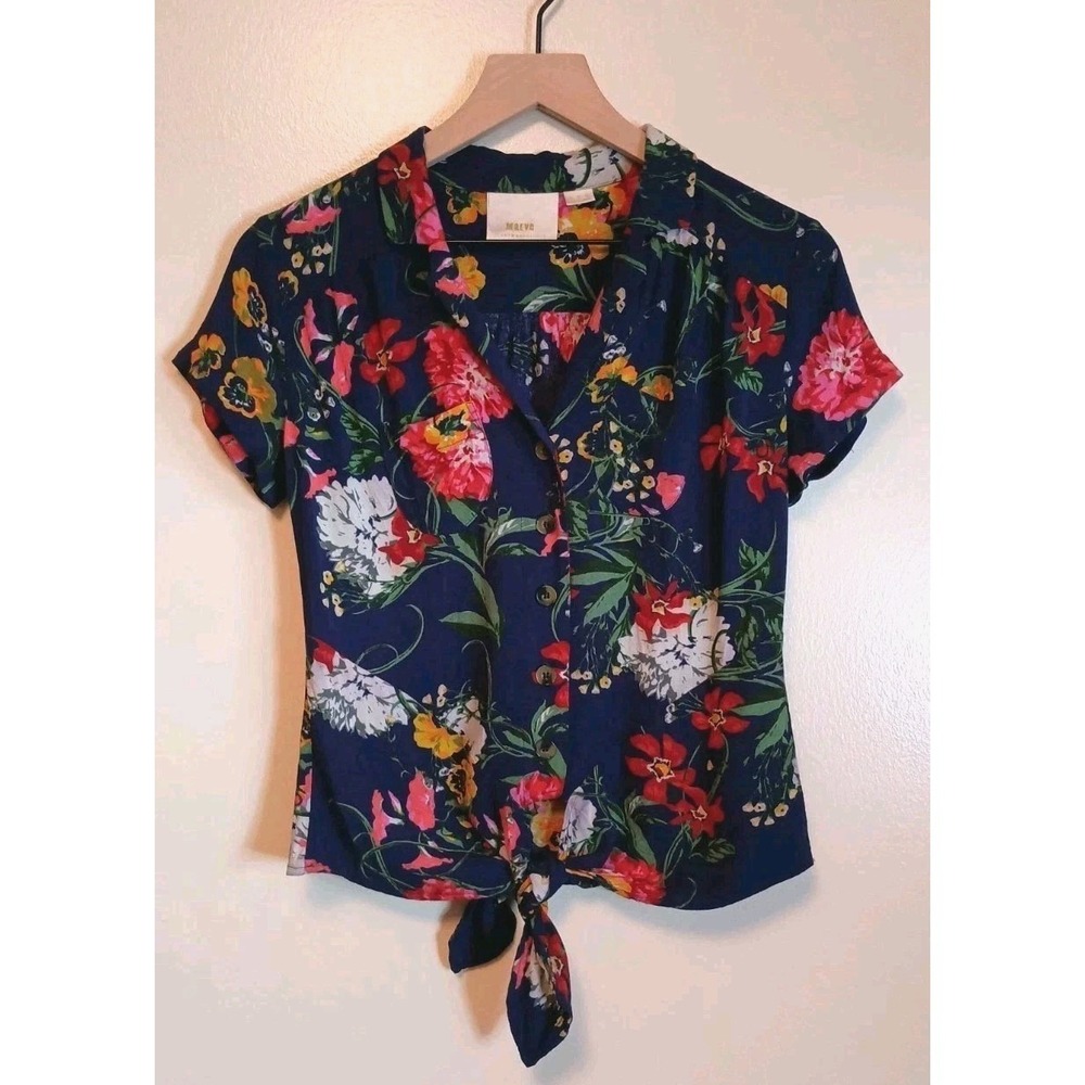 Maeve Anthropologie Blue Floral Tie Front Blouse Size 2 Viscose Button Front